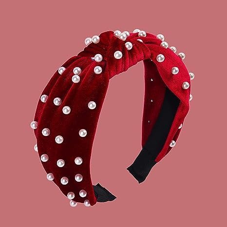 Calsgkspray Red Hair Headband Knotted Pearl Gold Accessories Pearl Clip Bulk,Red Women,Maroon Headband,Hair Accessories,
