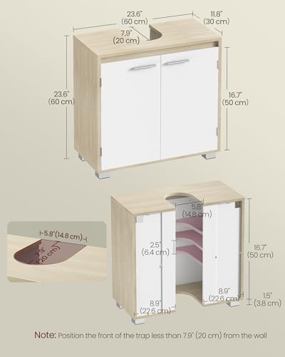 VASAGLE Under Sink Bathroom Cabinet, Under Sink Storage Cabinet, 2 Compartments Behind the Door, Fits Various Washbasins, with Feet, 30 x 60 x 60 cm, Natural Beige and Cloud White BBK506L01 - Image 3