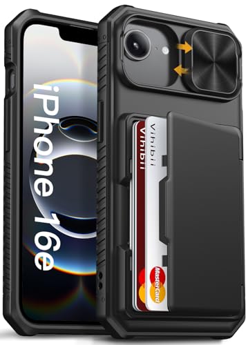 Image of Vihibii for iPhone 16e Back Cover Wallet with Card Holder (4 Cards) [RFID Blocking] & Slide Camera Cover, Military Grade Drop Protection, Rugged Back & Silicone Edge Case for 16e 2025 6.1 inch, Black