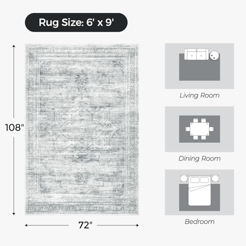 Carpelux Washable Grey White Area Rugs 6x9 for Bedroom, Soft Faux Wool Carpets for Living Room Dining Room, Neutral Vintage Distressed Non Slip Stain Resistant Rug for Home Office Decor — view 2
