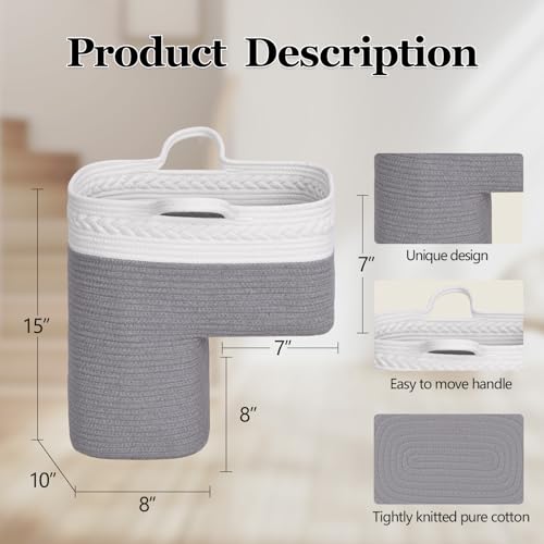 Image of Stair Basket for Wooden & Carpeted Stairs, Foldable Cotton Rope Step Basket with Handles, Staircase Storage Organizer, Fog Grey, 15 inch Lx 10 inch W x 15 inch H