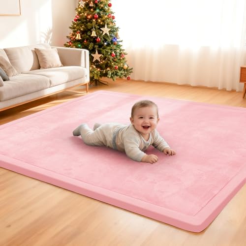 ACOMOPACK Baby Play Mat, 3.5CM Thick Memory Foam Crawling Mat, Coral Velvet Activity Rug for Tummy Time, Non-Slip Nursery Floor Mat for Toddlers, Infants, Kids (100×150cm,Pink)