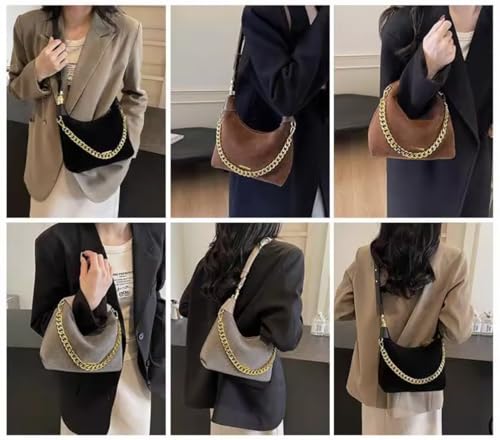 Image of Stylish Brown Suede and Leather Handbag with Gold Chain Handle