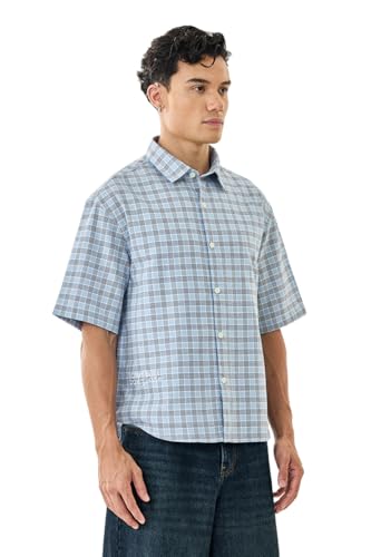 Image of SNITCH Men Casual Shirt | Box Fit Half Sleeve Point Collar Check Pattern with Back Text | 100% Cotton Lightweight & Breathable Fabric