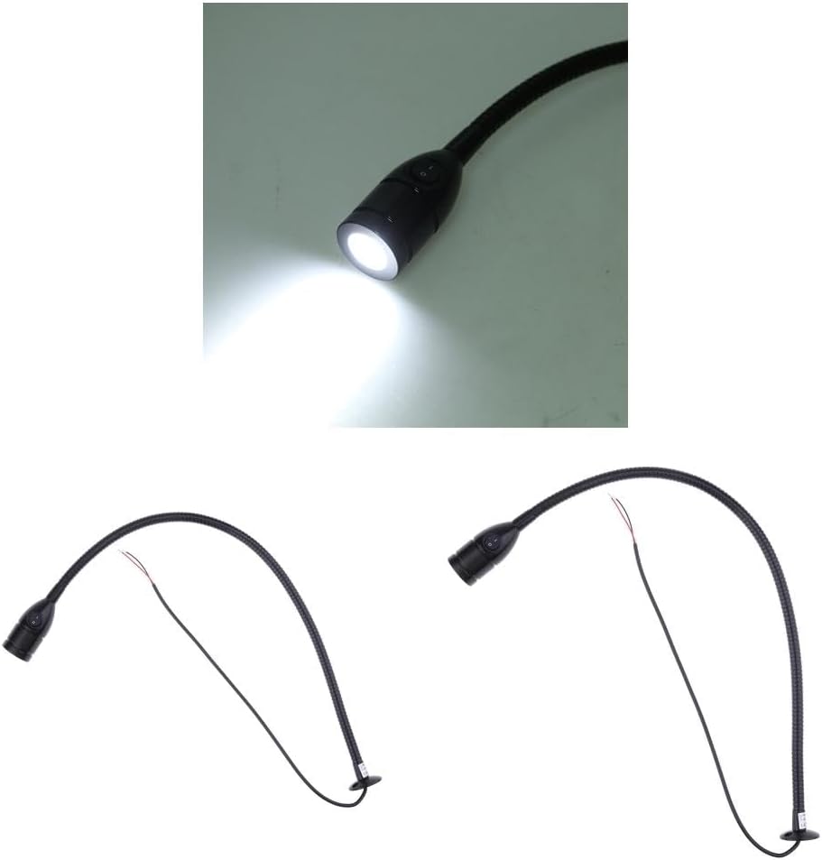 2X Boats RV Reading LED Lights Wall-Mounted Beside Lamps Sconce/Switch, 12V / 3W / 6000K, Gooseneck Length 50cm - Black