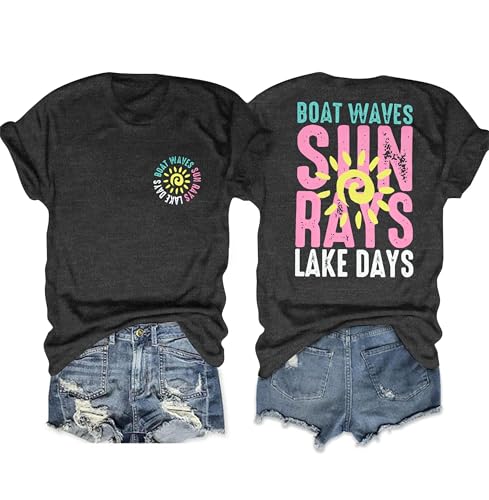 MNLYBABY Lake Life Shirts Women Boat Waves Sun Rays Lake Days T Shirt Summer Beach Tshirt Lake Days Trendy Summer Shirt Grey
