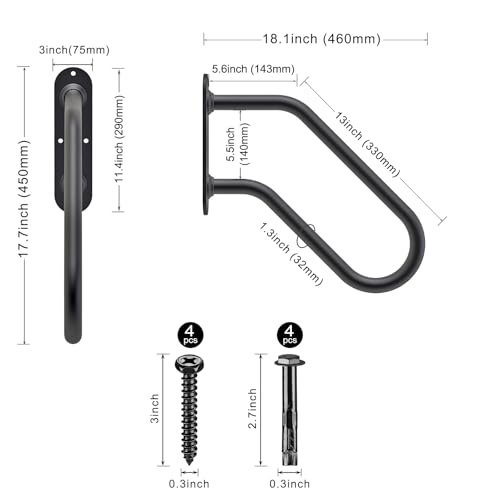 SELEWARE Heavy Duty Non-Slip Handrails for Outdoor 1-2 Step, Wall Mount Stair Hand Railing Grab Bars, U-Shape Safety Handle for Garage, Porch, Garden (Dia 1.3" Pipe, Black) by SELEWARE - Image 2
