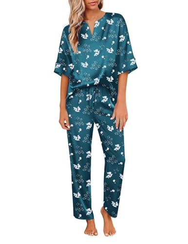Image of Ekouaer Mens Satin Pajamas Set Button-Down Short /Long Sleeve Shirt Top Soft Silk Sleepwear Loose Pocket Pant Loungewear