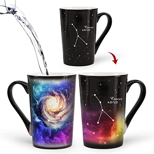 MUGKISS Taza de café de horóscopo con cáncer que cambia el calor, taza de café con cáncer de 12 onzas, regalo de cumpleaños navideño, regalos de magia de junio de julio.