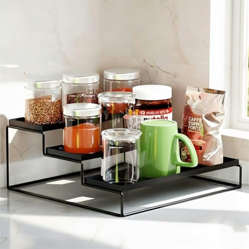 Image of Homify 3-Step Countertop Spice Rack & Utensil Organizer | Multipurpose Kitchen Storage Stand for Jars, Condiments, Bottles & Containers | No Assembly Needed | Rust-Resistant Metal (31x29x12 cm)