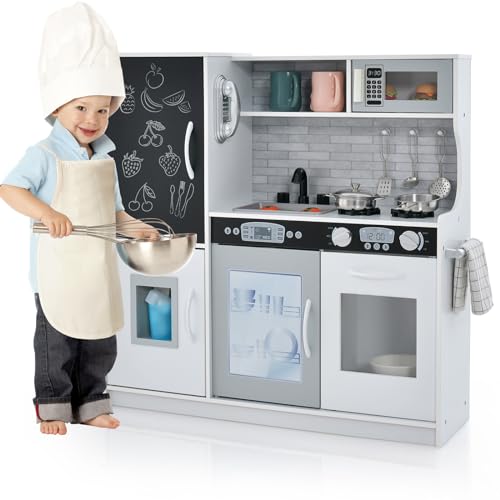 RELAX4LIFE Cucina Giocattolo per Bambini, Gioco Cucina in Legno con Frigo con Lavagna, Microonde, Forno, Macchina per il Ghiaccio, Mini Cucina per Bambini 3-6 Anni (82 x 24 x 80 cm, Bianco)