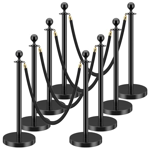 Image of LOVMOR Crowd Control Stanchion, Set with 5 ft /1.5 m Red Velvet Rope, Set of 8 Pieces, Stanchion Rope Divider, Black Queue Barrier Line Divider with Fillable Plastic Base, Airport