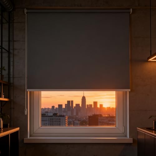 Estores Enrollables Opacos 112 x 200 cm Estores Enrollables Blackout Termicos, con Cadena, Protección Privacidad 100% Opacose para Puertas y Ventanas, Gris Oscuro