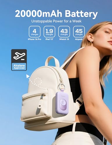 Image of RORRY CharmGo Portable Charger, 20000mAh PD 30W Portable Charger Power Bank with 2 Built-in Cables, Fast Charging Battery Pack with Keychain, Travel Essentials for iPhone, Apple Watch, iPad, Mulberry