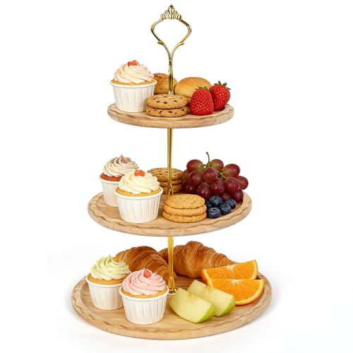 3 Tier Cake Stand Wooden Afternoon Tea Stands Tiered Cupcake Stand for Dessert Display Wedding Birthday Party Baby Shower (Round 3 Tier Cupcake Stand)
