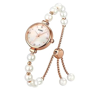 Tonnier Relógios femininos analógicos de quartzo, mosaico com pulseira de diamantes, relógio de pulso feminino, à prova d'água, com pulseira de ouro rosa, Pérola - Branco, Relógio de quartzo