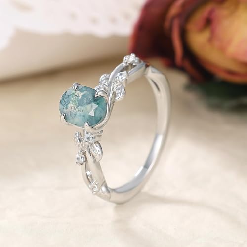 Art Deco Wedding Engagement Ring for Women Moss Agate/Moissanite/Black Rutilated Quartz 925 Sterling Silver Plated Platinum Leaf Gemstone Bridal Promise Ring for Her Size 4-94