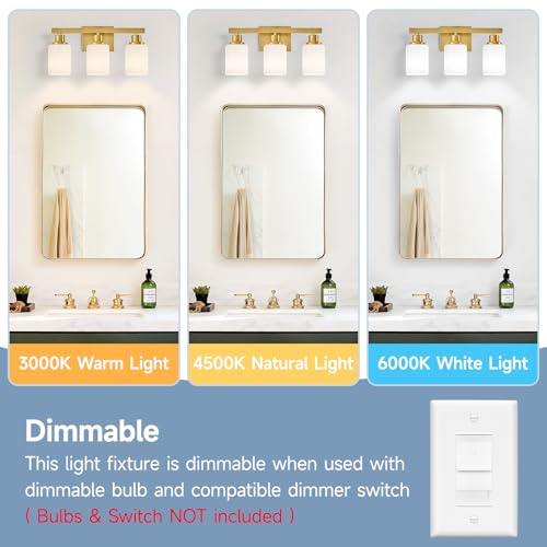 Image of Bathroom Vanity Light,3-Light Gold Modern Bathroom Light Fixtures with Square Frosted Glass,Gold Wall Lamp Sconces for Mirror Bedroom,Living Room Hallway, E26