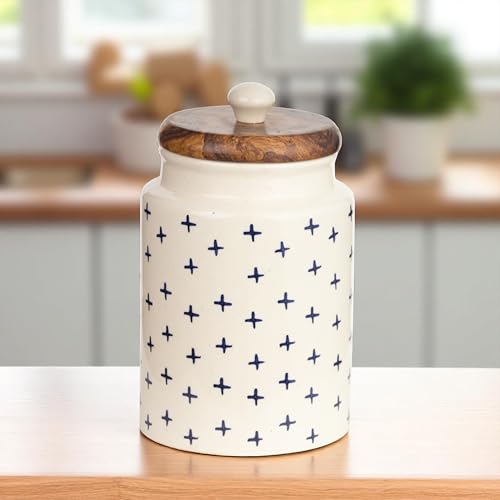Image of 'Blue Plus' Ceramic Airtight Container - 1000ml Each - Wooden Lid - Kitchen Containers for Sugar, Tea, Salt, Pickles, Pulses & More (Blue Plus)