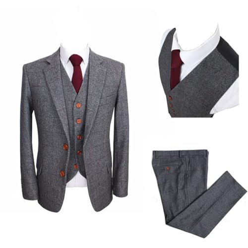 Wool Grey Check Plaid Tweed Herringbone Vintage British Men Suits Tailored Slim Fit 3 Pieces Mens Wedding Suits