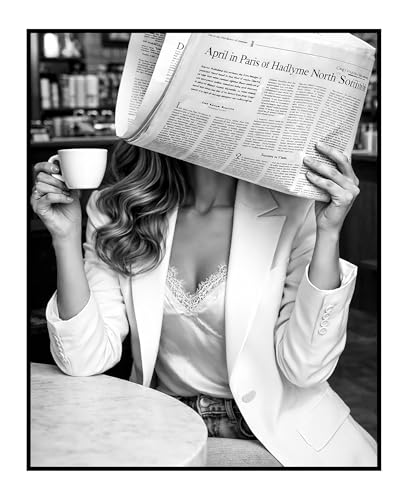 Posterizer - Drinking Coffee Print - Woman Reading Newspaper - Black and White Photography - Aesthetic Coffee Shop, Kitchen, Restaurant décor - 24x32 unframed wall art