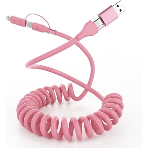 Coiled USB C to C and Lightning Cable 4 in 1 Multi USB Coiled iPhone Cable for Car 3FT Car Charger Cord 60W Fast Charging Cord for iPhone 15 14 13 12 11 Galaxy Support Carplay Android Auto - Pink Cover