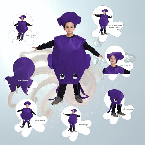 Image of Kaku Fancy Dresses Polyester Squid Cutout for kids, Water Animal Costume For Boys & Girls (Freesize /Only Cutout with Cap), Purple