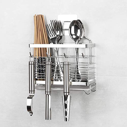 BESSKON Kitchen Utensil Holder - Silverware Drying Rack Basket with Hooks, 2 Divided Compartments, Cooking Utensil Holder for Kitchen Counter, Sturdy 304 Stainless Steel Rust Proof Utensil Organizer