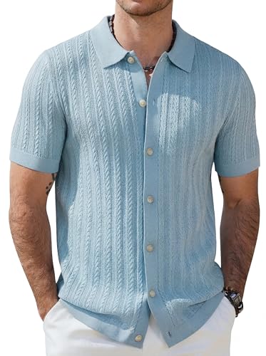 Image of COOFANDY Men's Short Sleeve Knitted Polo Shirts Stretch Cable Knit Full Button Golf Shirt Polo T-Shirt Light Blue M