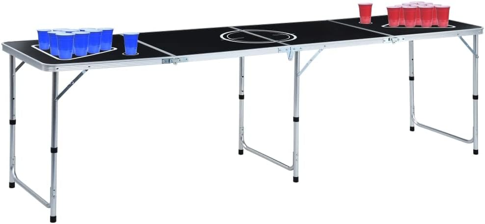 Stół do piwa, składany, 240 cm, z aluminiową ramą, z regulacją wysokości, w zestawie 50 czerwonych i 50 niebieskich kubków, 6 piłek, idealny na imprezę, do ogrodu, na kemping, wieczór przy