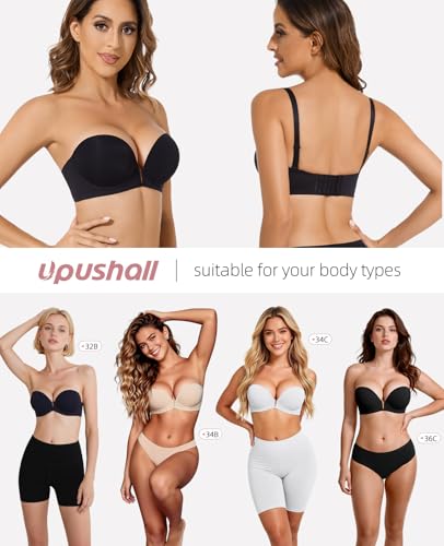 Image of Upushall Strapless Bra Push Up Non Slip Deep V Plunge Underwire Bras for Women Super Padded Add 1 Cup