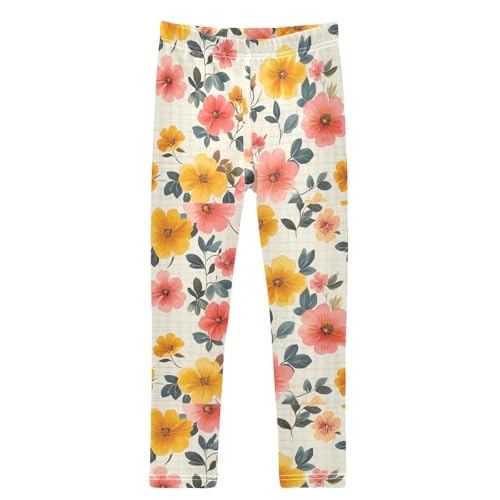 Boccsty Yellow and Pink Floral Pattern Girls Leggings Kids Yoga Pants Dance Active Tights 4T