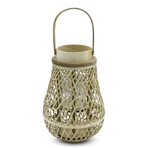 Bambus Laterne mit Kerzenglas - 46 x 23 cm - Holz Windlicht mit Bügel zum Hängen - Deko Kerzenhalter Leuchte zum Hängen für Innen Garten Balkon