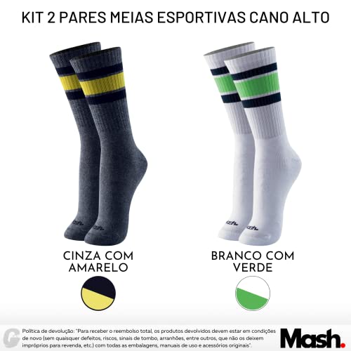 Kit 02 Pares Meias Cano Alto Mash Esportiva Masculina Adulto | Branco Com Verde | Cinza Com Amarelo