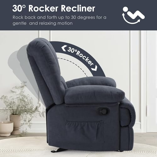 Image of Oversized Rocker Recliner Chair, Wide Rocker Chair with Adjustable Backrest Footrest, Lazy Boy Oversized Recliner for Adults, Reclining Sofa for Living Room, Reading, Bedroom, Blue Black