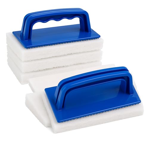 Image of 6 Pcs Hand Scrubber, Bathtub Scrubber with Handle, Non-Scratch Bathroom Scrubbing Pads for Cleaning Shower Tile Bathtube Sink Swimming Pool Step & Corner (Blue)