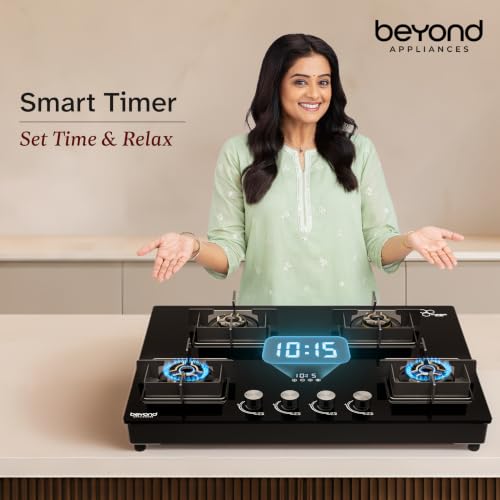 Image of Beyond Appliances Solaria 4 Full Brass Burner Smart Gas Stove Auto Ignition | Digital Timer | Flame Failure Device | Toughened Glass | ISI Certified | LPG & PNG Compatible Cooktop | PAN India Service