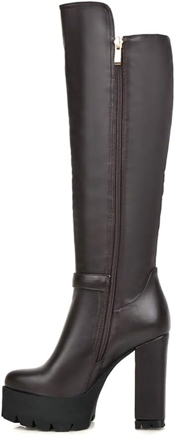 Shinelly Women High Heel Platform Boots Knee High Chunky Boots Zipper