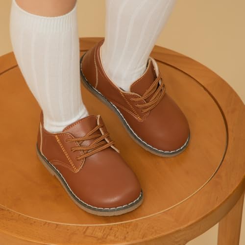Image of Meckior Toddler Boys Girls Dress Shoes Little Kid Oxford Shoes Wedding Church Dress Shoes PU Leather Lace Up School Uniform Loafer Flats