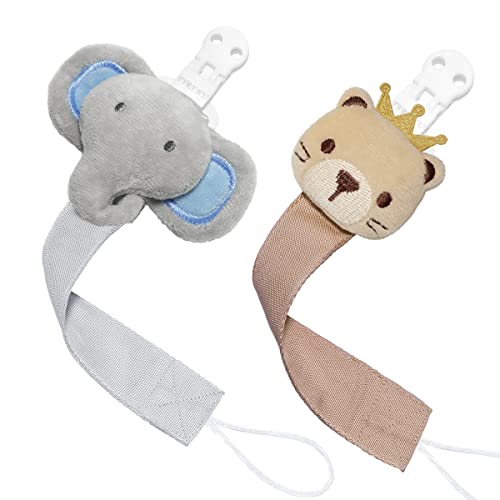 Image of TYRY.HU Pacifier Clip for Baby, 2 Pack Neutral Pacifier Holder Clip for Girls Boys, Soft Webbing Soothie Binky Clips Fit All Pacifiers, Cute Baby Birthday Shower Gift (Elephant, Bear)