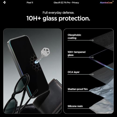 Image of Spigen GlasTR EZ FIT Pro Privacy Screen Protector for Pixel 11 | AluminaCore, Aluminum-enhanced 10H+ tempered glass, Privacy Filter, auto-align tray, Original touch, Case-friendly, 2Pack