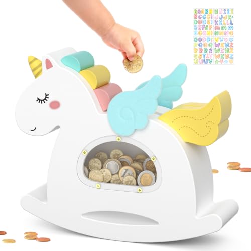 Summidate Unicorn Piggy Bank for Girls,Wooden Coin Banks for Kids Toddlers,Unbreakable Wood Rocking Saving Box, Personalized Present Toys for Child Birthday & Decor