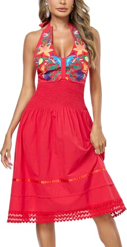 Image of Womens Mexican Floral Embroidered Halter Maxi Dress Side Slit Boho Dress