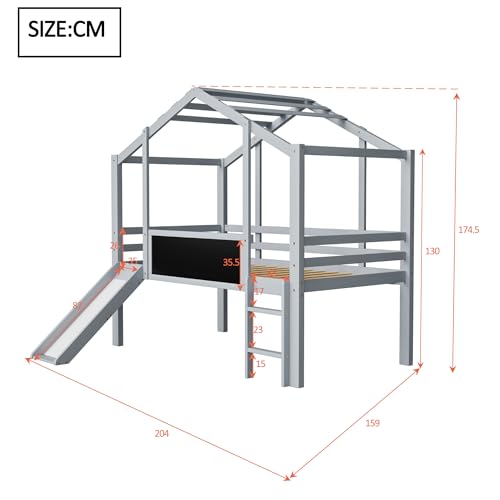 Merax Kinderbett 90×200 cm, Hochbett aus Massivholz, im Haus-Design mit Rutsche, Graffiti-Tafel, Multifunktionsbett, Einzelbett, platzsparendes Spielbett für Kinderzimmer, Grau (ohne Matratze)