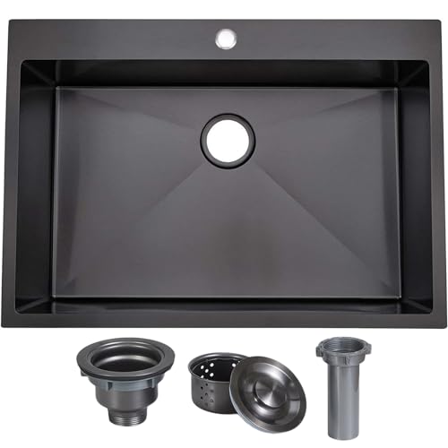VAPSINT 33x22 Black Drop in Kitchen Sink, 33 Inch Gunmetal Black Stainless Steel Top Mount Kitchen Sink, Single Bowl Laundry Sink with Strainer by VAPSINT - Used condition - US$148.10