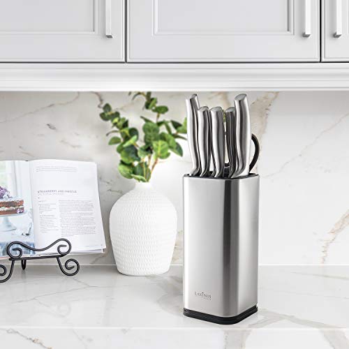 Laxinis World Universal Knife Block, Stainless-Steel Modern Rectangular Design With Scissors-Slot, Knife Holder Counter-Top Storage, Holds 12 8”-Blade Knives, 9.1” By 4”(Knives Not Included) #TOP5