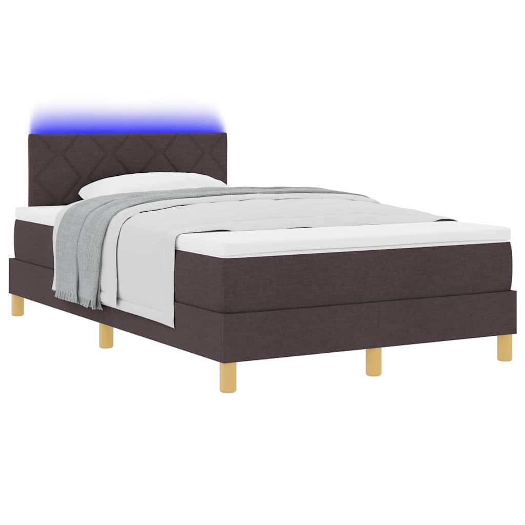 Cama con somier LED, color marrón oscuro, 120 x 190 cm, tela con cabecero ajustable y tiras LED RGB, estructura de madera estable para dormitorio