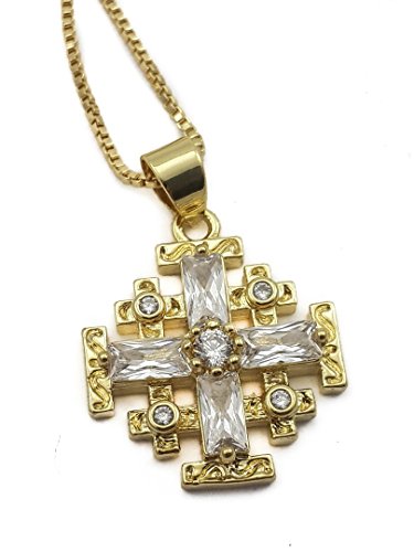 Nazareth Market Store Oro Plateado Jerusalén Cruz Colgante, Collar con Cristal Blanco Natural y Zircon