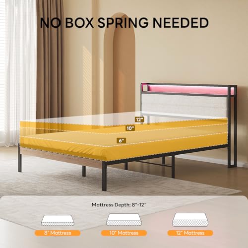 Image of LIKIMIO Queen Bed Frame with Storage Headboard and LED Lights, Metal Platform Bed with Charging Station, Noise Free, No Box Spring Needed, Under Bed Storage, Natural and Cream