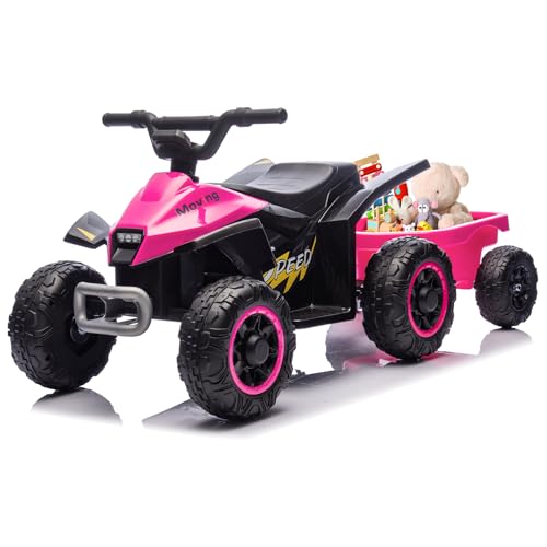 Bobike Kids Ride On Toys,6V Kids ATV Quad with Trailer for Toddlers 3 Year Old+, Electric Ride-On Car w/Wear-Resistant Tires,Music, Forward & Backward for Outdoor Play (Pink)